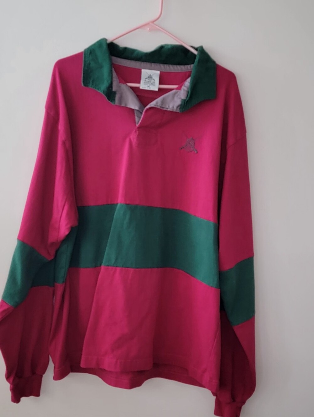 Vintage Mens XL Ruck-It Rugby Pink Green Long-Sleeve Shirt, 100% Cotton